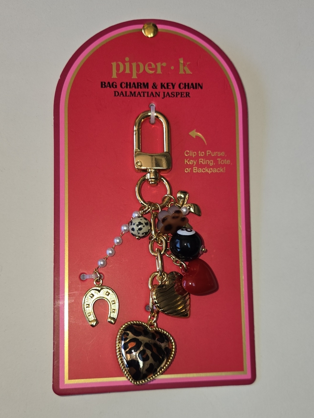 NEW Piper Leopard Heart & Charm Bag Charm Key Chain - Red & Gold